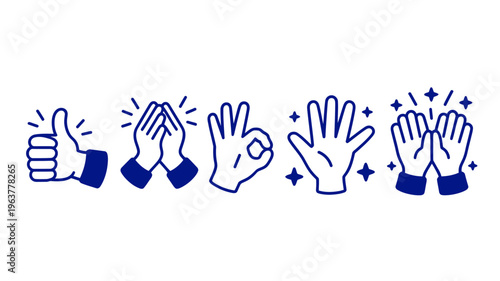 A series of five hand gestures are depicted in a simple cartoon style representing approval clapping and positive reinforcement high quality professional detailed modern elegant stylish