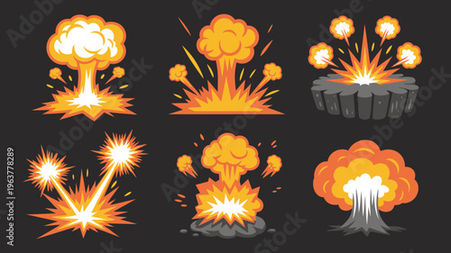 A colorful collection of cartoon explosion effects depicting various bursts and impacts set against a dark background high quality professional detailed modern elegant stylish clean crisp