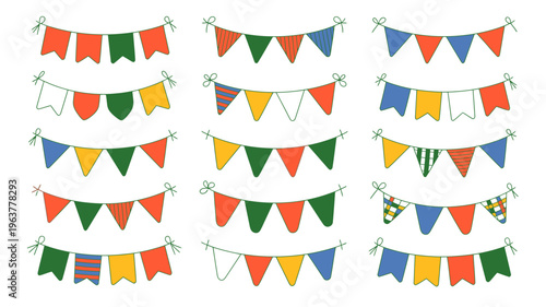 A collection of colorful pennant banners are displayed against a white background showcasing various flag designs and festive decorations high quality professional detailed modern elegant stylish