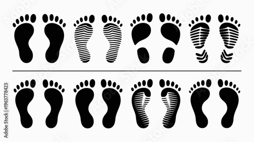 A collection of black footprints with varying sole patterns are displayed in two rows on a clean white background high quality professional detailed modern elegant stylish