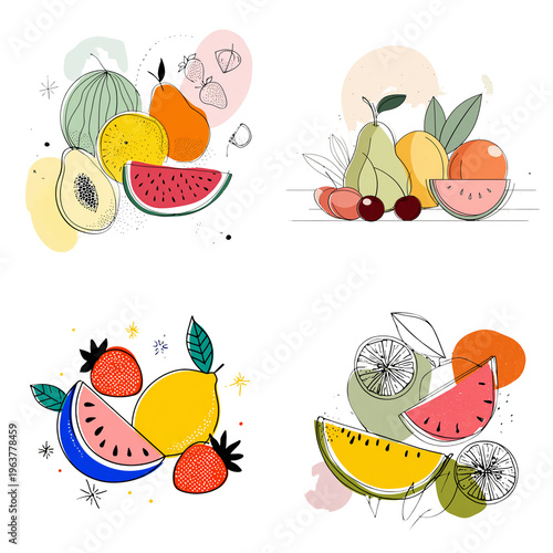 Juicy summer fruit illustration including melon, watermelon, and lemon  