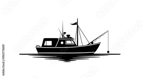 Fishing Boat on Calm Water Surface.