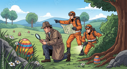 Vector ilustration of detective and SAR team is searching for easter eggs 