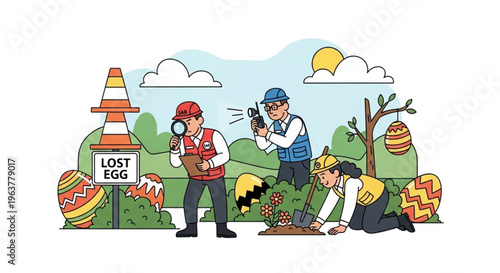 Vector ilustration of detective and SAR team is searching for easter eggs 