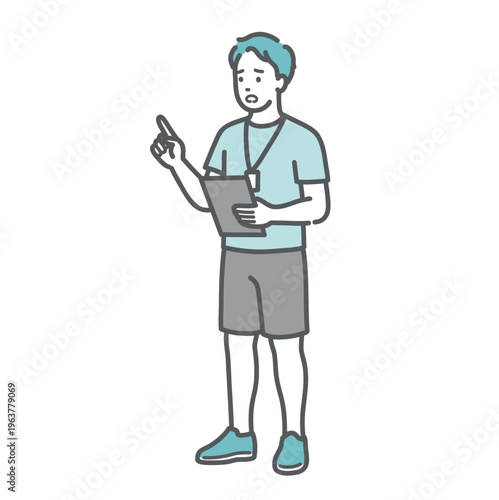 困った表情で説明・注意喚起をする男性インストラクターのイラスト