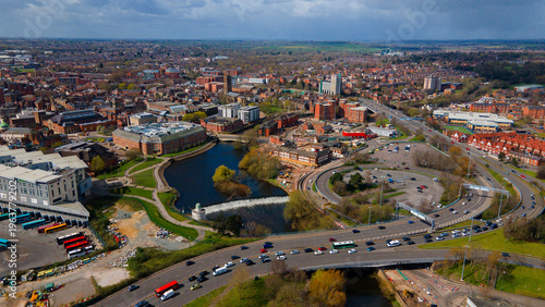 Panoramic aerial of Derby city center with River Derwent