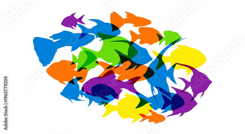 Colorful Fish School Swimming Together.