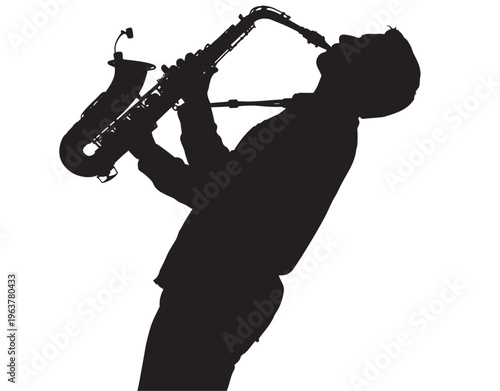 Silhouette of man playing saxophone in dramatic dynamic pose with strong contrast for music industry Transparent Background