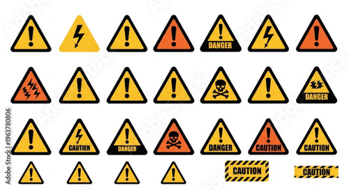Set of triangular safety warning signs and hazard icons for industrial and workplace safety.