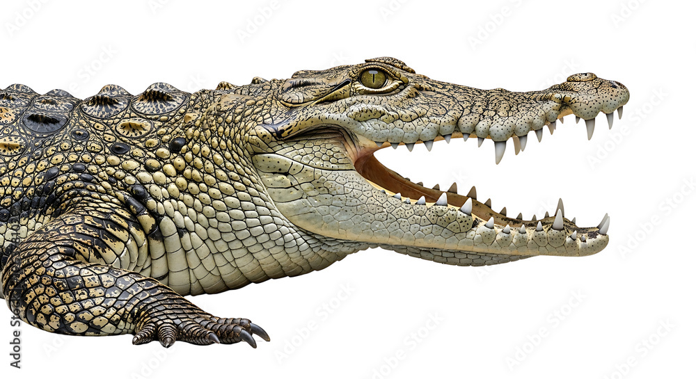 Fototapeta premium detailed close-up of a large predatory crocodile with its mouth open showcasing its sharp teeth and scaly skin for wildlife and nature education.
