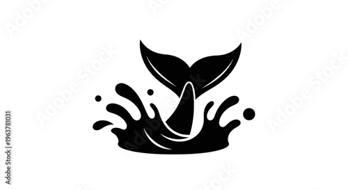 Black Whale Tail Splashing Water Silhouette.