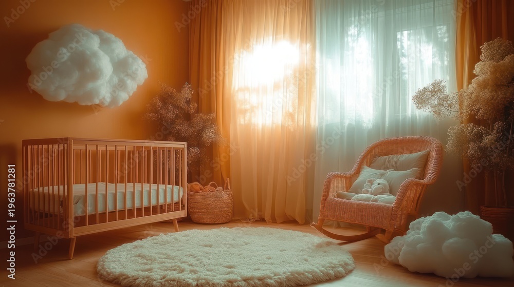 Obraz premium Cozy baby nursery with a wooden crib, wicker rocking chair, fluffy cloud decor, soft round rug, sheer curtains, and a plush toy bathed in warm daylight