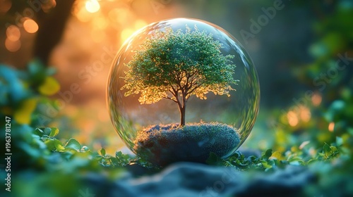 small leafy tree sheltered inside a clear glass sphere resting on moss on a forest floor surrounded by green leaves and warm golden sunlight, peaceful and magical