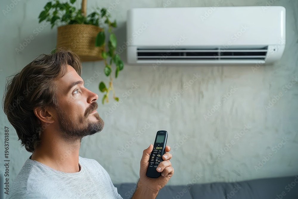 Fototapeta premium man in casual shirt holding remote and adjusting wall air conditioner above sofa with potted plant, calm relaxed mood