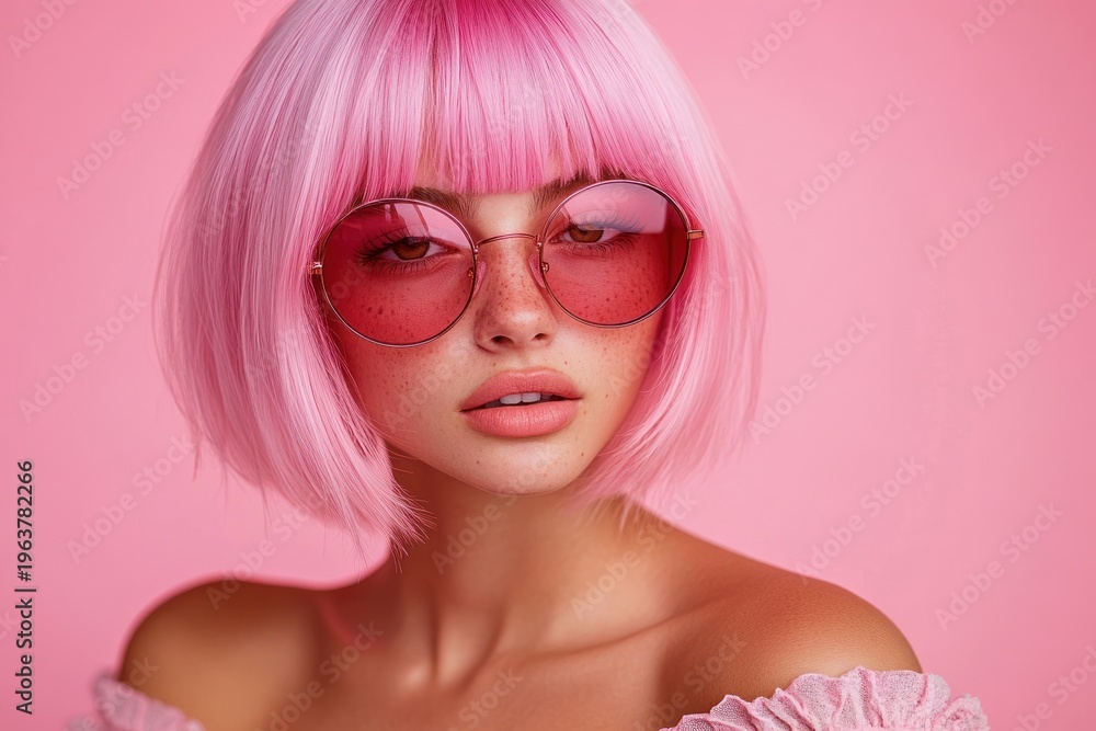 Fototapeta premium pastel pink bob and bare shoulders in ruffled off-shoulder top against a soft pink backdrop conveying a dreamy, playful feminine mood