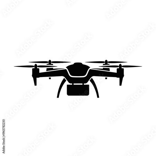 A sleek, black quadcopter drone with a camera mount, rendered in a minimalist vector style on a white background