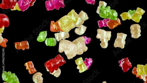 Colorful gummy bears falling on transparent background. Seamless loop animation with alpha channel. Sweet candy rain effect for overlays.