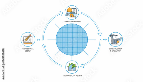 Circular project lifecycle concept for architectural development, encompassing design, detailed planning, construction execution, and sustainability review stages