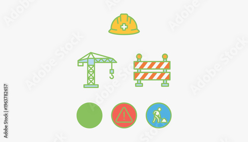Essential construction and building site safety icons set, featuring hard hat, crane, barrier, and various warning signs, representing crucial industrial work and project management concepts
