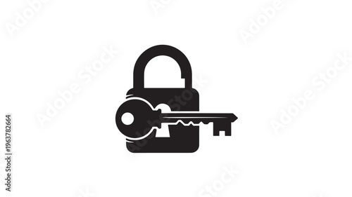 Black padlock with inserted key in minimalist flat design for security and protection Transparent Background