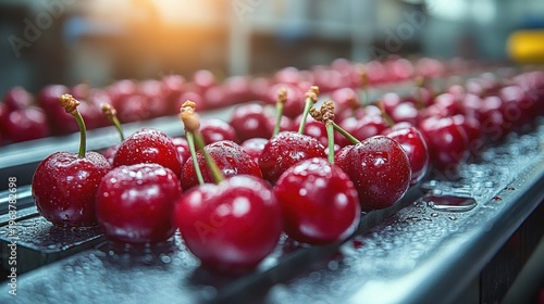 Rows of glistening red cherries on a conveyor belt with water droplets, glossy and juicy against a blurred production background, evoking freshness and appetizing vibrancy