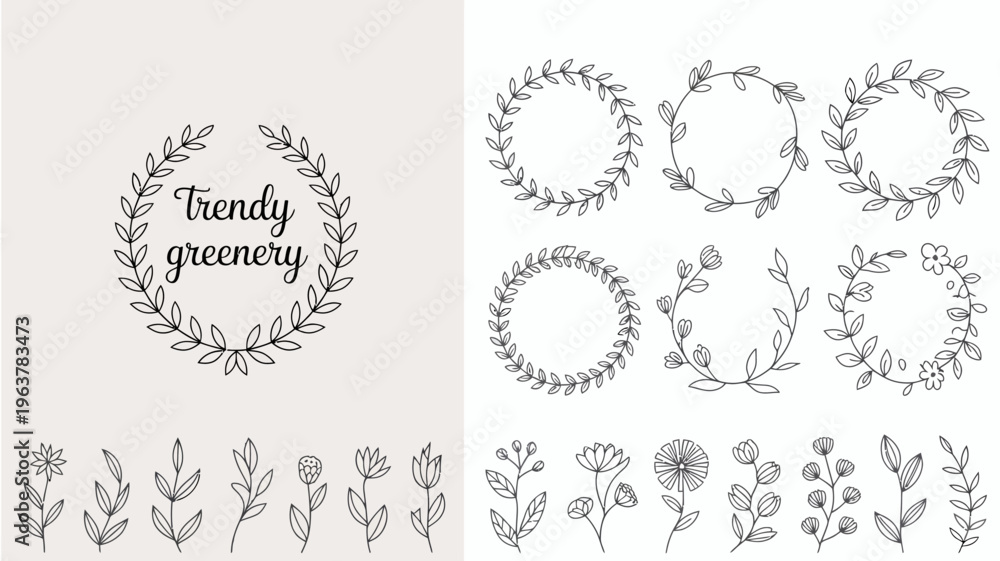 Obraz premium A collection of hand drawn botanical wreath illustrations and individual floral elements presented in a minimalist black and white style high quality professional detailed modern elegant