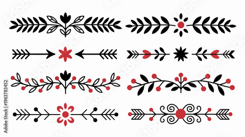 A collection of black and red botanical dividers and floral arrow designs are showcased on a plain white background high quality professional detailed modern elegant stylish