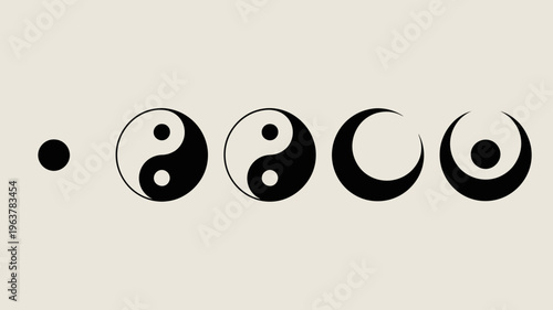A series of black and white yin and yang symbols are progressively deconstructed moving from complete to fragmented forms high quality professional detailed modern elegant stylish