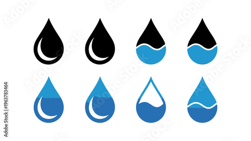 A collection of eight droplet icons are displayed alternating between solid black black and white and blue variations with curved shapes high quality professional detailed modern