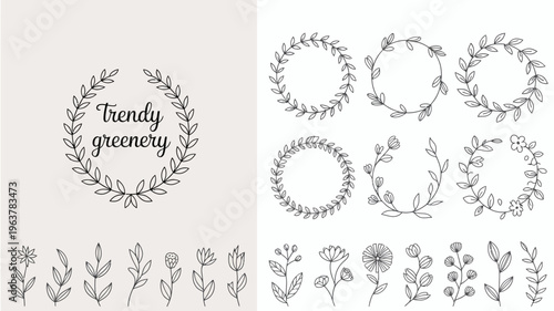 A collection of hand drawn botanical wreath illustrations and individual floral elements presented in a minimalist black and white style high quality professional detailed modern elegant