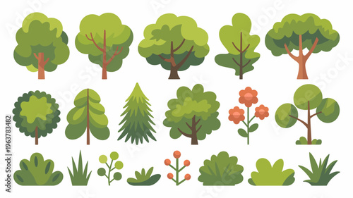 A vibrant collection of cartoon trees and flowering bushes in varying shapes and sizes presented on a clean white background high quality professional detailed modern elegant