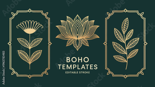 An elegant art deco inspired graphic featuring golden floral elements and botanical designs set against a dark teal background high quality professional detailed modern stylish clean