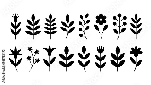 A collection of minimalist botanical illustrations featuring various flower and leaf shapes in a black and white style high quality professional detailed modern elegant stylish clean