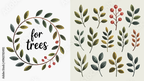 A watercolor illustration features a wreath of leaves and berries alongside scattered foliage and the text for trees high quality professional detailed modern elegant stylish clean