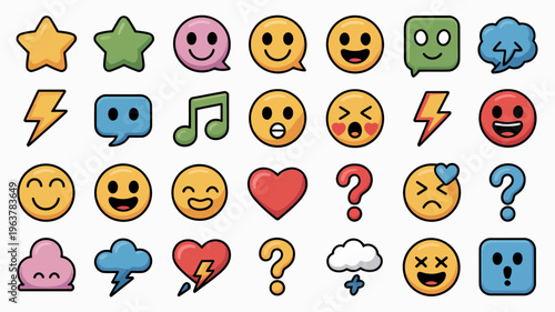 A colorful collection of doodle style emoticons and symbols are arranged closely together on a plain white background high quality professional detailed modern elegant stylish clean