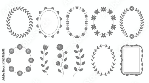 A collection of black and white floral wreaths frames and botanical elements are displayed on a plain white background high quality professional detailed modern elegant stylish