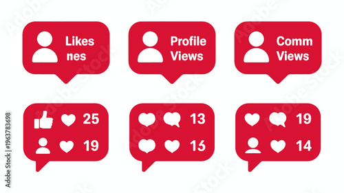 A set of six red speech bubbles displays social media icons and metrics including likes profile views comments and heart counts high quality professional detailed modern