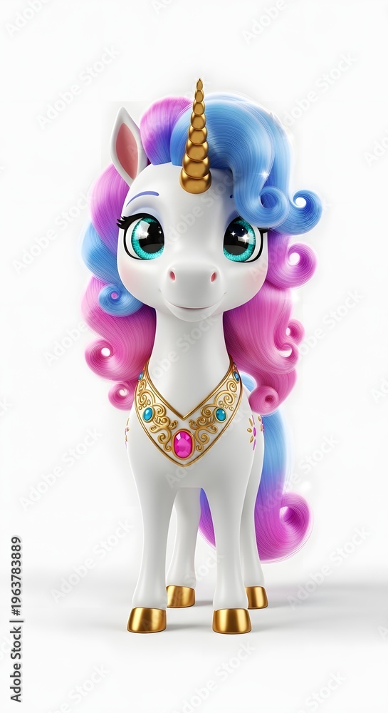 Naklejka premium Charming Rendered Majestic Unicorn with Pastel Mane and Jewel Adornment Illustration