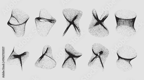 An abstract composition featuring nine black dotted and fluid shapes resembling distorted vessels against a light gray background high quality professional detailed modern elegant stylish clean