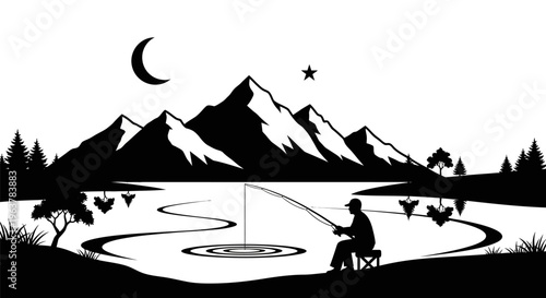 Man fishing with dog at night.