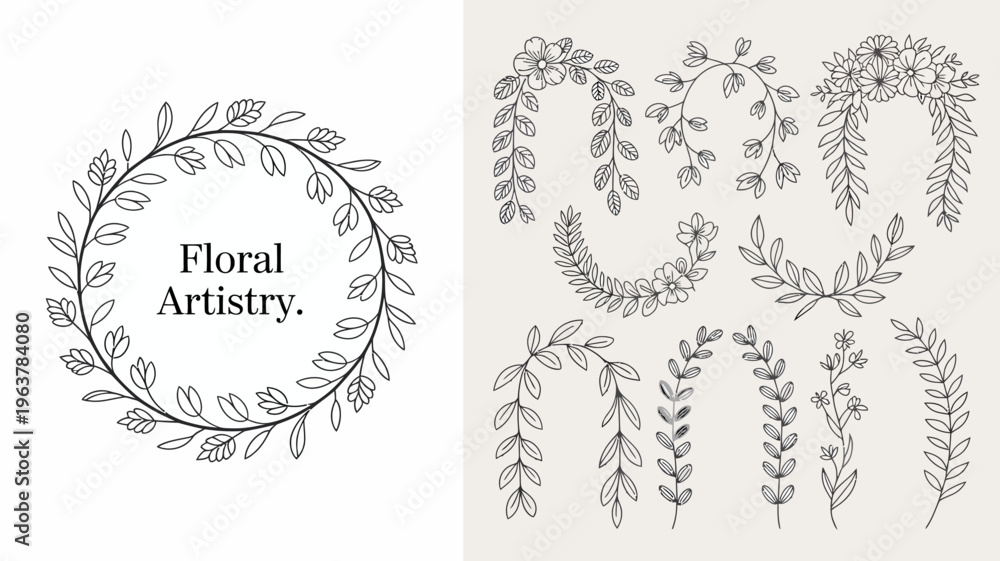 Obraz premium A collection of delicate floral line art designs including wreaths and individual botanical elements rendered in black and white high quality professional detailed modern elegant stylish