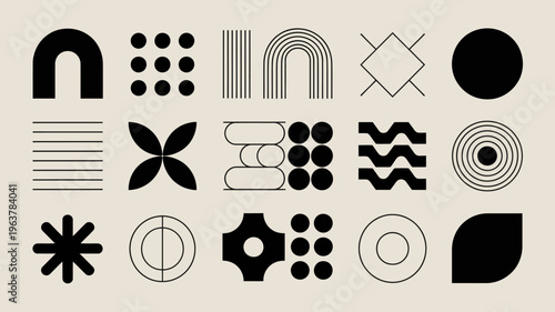 A minimalist composition features a collection of black geometric shapes and lines arranged on a neutral beige background high quality professional detailed modern elegant stylish clean