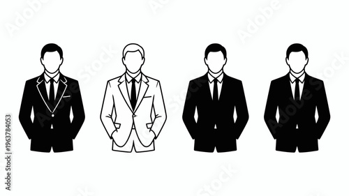 A monochrome illustration depicts four men in business suits aligned in a row representing professionalism and corporate environments high quality professional detailed modern elegant stylish clean