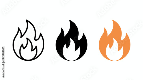 This image displays three variations of a flame icon a line drawing a solid black shape and a colorful gradient high quality professional detailed modern elegant
