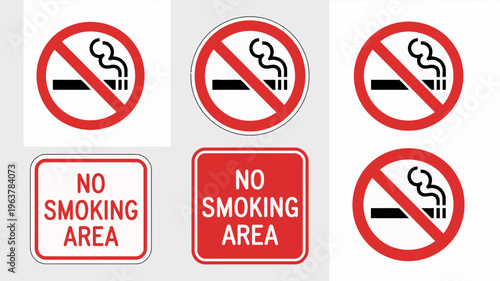 A collection of red and white no smoking signs both circular and rectangular indicating prohibited smoking areas high quality professional detailed modern elegant stylish clean crisp