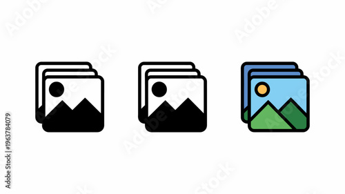 A set of three photographic icon variations displays a mountain landscape progressing from solid black to outlined and finally colored high quality professional detailed modern elegant