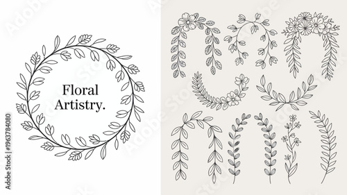 A collection of delicate floral line art designs including wreaths and individual botanical elements rendered in black and white high quality professional detailed modern elegant stylish