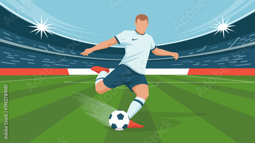 A digital illustration depicts a soccer player in mid stride dribbling a ball across a vibrant green field inside a stadium high quality professional detailed modern