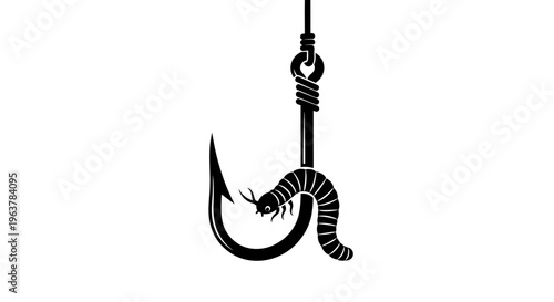 Fishing hook with worm bait closeup.