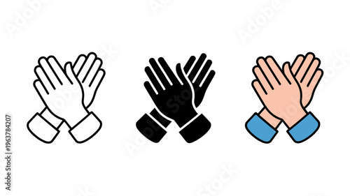 Three variations of clapping hands are displayed showing different color schemes and line weights for a universally recognized gesture high quality professional detailed modern elegant stylish